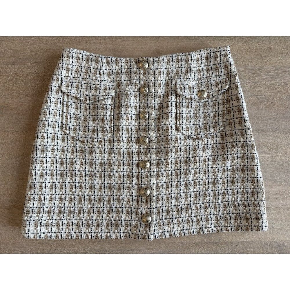 Intermix Coco Mini Button Skirt Multi Tweed Size 10 Preppy Gold Buttons